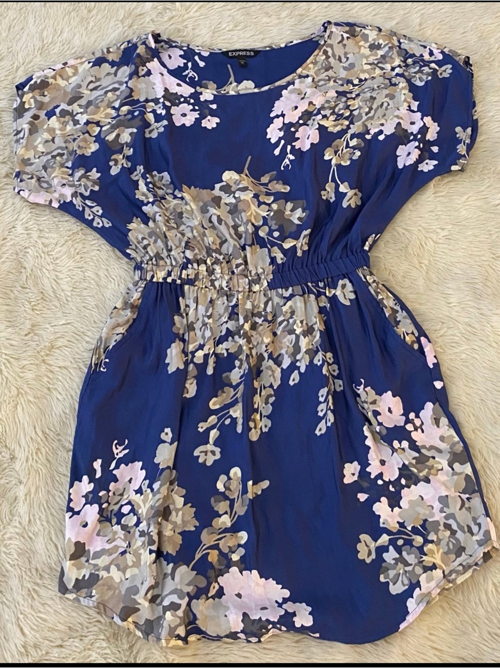 Express Blue Floral Elastic-Waist Dress - L